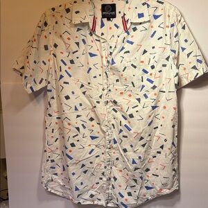 One Revolution White Short-Sleeve Geo Print Button Down Shirt Med Mens Y2K vibe